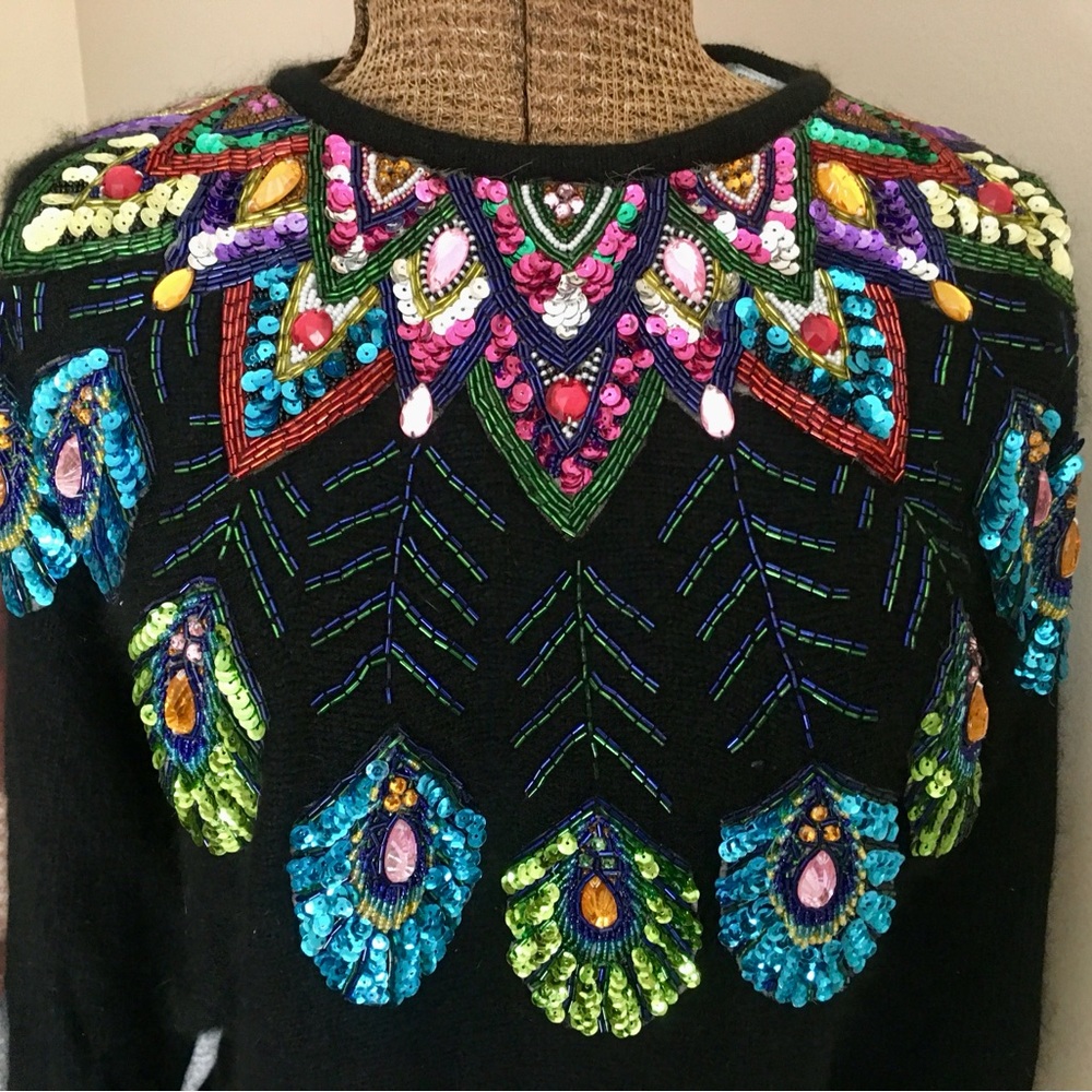 Vintage Sequin & Beaded Cedars Black Knit Dress Sweater Size: M - Picture 7 of 14